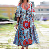 Joskaa Women Print O-Neck Long Dress Vintage Lantern Half Sleeve Dress Autumn Casual Bandage Sashes Maxi Dress Vestidos