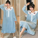 Joskaa Christmas Gift Nightgowns Women Winter Flannel Princess Solid Lace Bow Plus-Velvet Thicken Warm Soft Loose Casual Sweet Girls Sleepshirt Coral