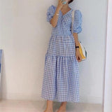 Joskaa Christmas Gift Nomikuma Korean Fashion Plaid Dress Women V Neck Short Sleeve A Line maxi Dresses Robe Casual Sweet New Chic Vestidos Mujer