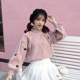 Joskaa Christmas Gift QWEEK Kawaii Shirt Women Heart Shape Print Button Up Blouse Korean Style Lantern Long Sleeve Shirt Women BF Cute Tops Ulzzang