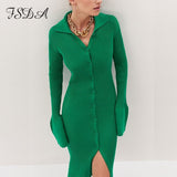 Joskaa Autumn Winter Bodycon Dress Sweater Knitted Green 2022 Women Sexy Midi Split V Neck Long Sleeve Casual Dresses Party