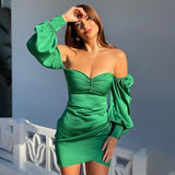 Joskaa hoco dresses Christmas Gift Sexy Women's Long Puff Sleeves Mini Dress Autumn Winter Square Neck Satin Buttons Pleated Party Dresses Elegant Evening Gowns