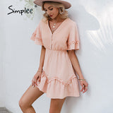 Joskaa Holiday cotton ruffle summer mini dress women Casual short sleeve sun dress pink A-line off shoulder ladies vestidos