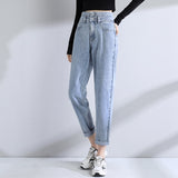 Joskaa High Waist Jeans Woman Fashion Street Style Elastic Waist Denim Pants Cotton Loose Coated Vintage Washed Boyfriend Jeans 2024