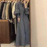 Joskaa Christmas Gift Simple O-neck Japanese-style Maxi Dress Women Age-reducing Plaid High Waist Dresses Autumn New Long-sleeve Shirt Vestidos