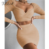 Joskaa 2024 Two Piece Set Long Sleeve Crop Top And Bodycon Mini Skirt Ruched Women Set Autumn Sexy White Club Outfit Party