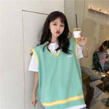 Joskaa Christmas Gift Sweater Vest Women Patchwork V-neck Oversize Casual Simple Sweet Girls Korean Harajuku Stylish Daily Soft Elegant Female Chic BF