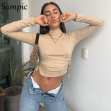 Joskaa Christmas Gift Sampic Autumn O Neck Black Khaki White Long Sleeve Skinny Hollow Out Knitted Woman T Shirts Sexy Y2K Basic Tees Tops Winter 2020