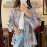 Joskaa Christmas Gift JMPRS Women Plaid Shirt Fashion Korean Loose Student Long Sleeve Autumn School Shirt Casual Button Up Turn Down Collar Tops 2024