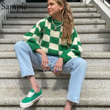 Joskaa Christmas Gift Sampic Green Women Knitted Long Sleeve Winter Pullovers Jumpers Sweater Tops 2024 Autumn Fashion Plaid Cropped Sweater Tops