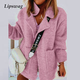 Joskaa Autumn Knitted Sweater Cardigan Coat Women Turn-down Collar Big Pocket Long Sleeve Warm Outwear Winter Solid Open Stitch Sweater