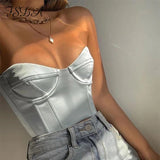 Joskaa 2024 Satin Corset Crop Top Strapless Green Summer Sexy Tube Off Shoulder Party Sleeveless Bustier Tank Tops Women