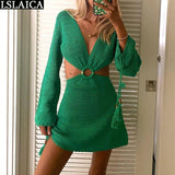 Sexy Dresses Party Night Club Dress 2021 Long Sleeve Deep V Neck Drawstring Backless Spring Autumn Fashion Sweater Green Dresses