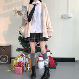 Joskaa Female Spring Autumn New Junior High School Student Casual Beige Cardigan Sweater JK College Style Suit Pleated Short Skirt