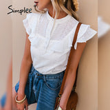 Joskaa Elegant casual solid ruffled lace women blouse spring Embroidery button band collar shirt female fashion summer top lady