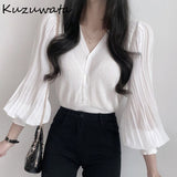 Joskaa Christmas Gift Kuzuwata V-neck Lantern Sleeve Single Breasted Chic Pleated Thin Slim Cardigan Knitted Tops Autumn 2024 New Women Sweater