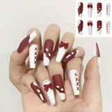 Joskaa 24pcs White 3D Bowknot Heart Almond False Nails With Pearl Rhinestones Finished Fake Nails Patch Full Cover Removable Nail Tips