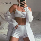 Joskaa Summer Ribber Women Set White Spaghetti Strap Crop Top And Mini Biker Shorts Embroidery Two Piece Sets Sexy Outfit Party