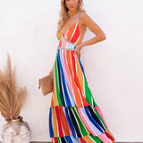 Joskaa Christmas Gift Sexy Deep V Neck Backless Striped Maxi Woman Dress 2024 Summer Party Rainbow Spaghetti Strap Long Dresses For Women Robe Femme