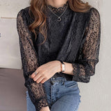 Joskaa Christmas Gift Korean Fashion Mesh See Through Tops Long Sleeve Blouse Female Loose Casual Blouse Sexy Lace Shirt Half-turtleneck