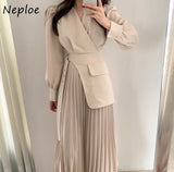 Joskaa Christmas Gift Fashion Temperament Fake 2 Pcs Ol Dress Women High Waist Hip Sashes A Line Pleat Vestidos V Neck Long Sleeve Robe Spring