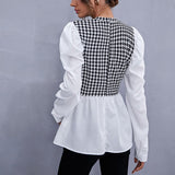 Joskaa Graduation Gift  Autumn O Neck Plaid Patchwork Blouse Women’s Puff Full Sleeve Casual Office Female 2024 Hot Elegant White All Match Ladies Tops