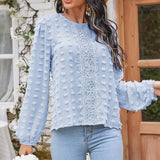 Joskaa Autumn Blue Lace Round Neck Women Blouse Long Sleeves Causal Blouses Office Lady 2024 Fashion Elegant Beach Female Tops New