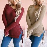 Joskaa Autumn Knitted Sweaters Women Sexy O Neck Solid Split Cross Bandage Long Sleeve Pullover Tops Female Casual Loose Winter Jumper