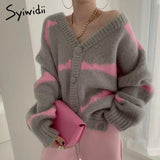 Joskaa Striped Sweater Woman Cardigan Tops Fall 2024 Korean New Knitted Jackets Single Breasted V Neck Long Sleeve Loose Coats