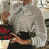 Joskaa Elegant Women Lady Formal Long Sleeve Shirt Chiffon Blouse Tie Polka Dot Tops Casual Office Work Tee Shirt