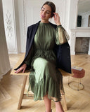 Joskaa Christmas Gift WOTWOY High Waist Loose Chiffon Dress Women Long Sleeve Mesh Ruffles Maxi Dresses Female Casual Solid Vestido Feminino Ladies