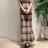 Joskaa Christmas Gift Kuzuwata 2024 Autumn New Faldas Japanese Style Temperament Women Jupe Solid Plaid High Waist Slim Ruffled A-line Mermaid Skirts