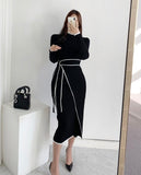 Joskaa Christmas Gift Woman Dress With Belt Vintage Patchwork Slim Knitted Midi Dresses Women Autumn Winter Elegant Sweater Knit Dress 2024 Vestidos