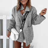 Joskaa Autumn Knitted Sweater Cardigan Coat Women Turn-down Collar Big Pocket Long Sleeve Warm Outwear Winter Solid Open Stitch Sweater