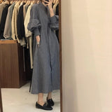 Joskaa Christmas Gift Simple O-neck Japanese-style Maxi Dress Women Age-reducing Plaid High Waist Dresses Autumn New Long-sleeve Shirt Vestidos