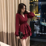 Joskaa hoco dresses Christmas Gift Long Sleeve Dress Women Sashes Pleated V-neck Solid Stylish Sexy Mini-dresses Lady Club Wear High-waist Korean-style Trendy Chic