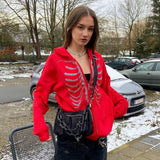 Joskaa Christmas Gift Zip-up Y2K Rhinestone Skeleton Oversized Sweatshirts 2024 Autumn Goth Hoodies Women Grunge Hooded Jacket Streetwear Retro Clothe