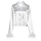 Joskaa Sexy Feather Sleeve Cardigan Women Blouses White Long Sleeve Single Breasted Blouses Women Spring Skinny Fashion Clothes