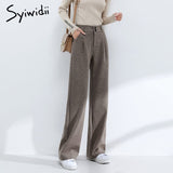 JOSKAA Winter Thicken Woolen Pants for Women 2024 Soft Wide Leg Trousers Straight Capris High Waist Loose Bottoms Full Length