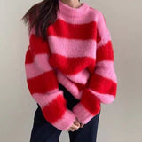 Thanksgiving Gift New Women 2022 Winter Vintage Harajuku All-Match Cardigan Knitting Ladies Sweater Sweet Mori Casual Contrast Striped Sweater