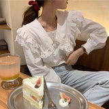 Joskaa Christmas Gift Women Blouses Long Sleeves Shirts OL Lace Solid Female Sailor Collar Elegant Fashion New Korean Style Cute All-match Streetwear