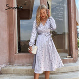 Joskaa Bohemian v-neck lace up floral dress women Holiday A-line split maxi wrap dresses Elegant female long sleeves vestidos