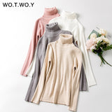 Joskaa Christmas Gift WOTWOY Casual Basic Turtleneck Sweater Women Solid Long Sleeve Knitted Pullovers Women 2020 Autumn Winter Slim Fit Sweater Pink