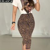 Joskaa Two Peice Set For Women Casual O-Neck T Shirt& Skirt Set Fashion Leopard Print Office Women Set Elegance Skinny Ropa Femenina