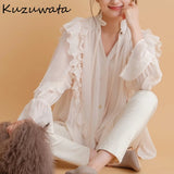 Joskaa Christmas Gift Kuzuwata Autumn 2024 New Womens Blouses Japanese Sweet Shirts Solid V Neck Drawstring Ruffled Multilayer Long Sleeve Blusas