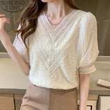 Christmas Gift Elegant Apricot Lace Blouse Fashion V-neck Puff Short Sleeve Shirt Women Tops 2021 Summer New Clothes Blusas De Mujer 15537
