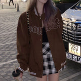 Joskaa JESSIC American Retro Street Brown Sweater Female Hip-Hop Tide Ins Cool Autumn High Street Baseball Uniform Jacket New Fashion