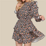 Joskaa hoco dresses Autumn Flower Print Short Dress Women Winter Casual Long Ruffle Sleeve A Line Dress Female Boho 2024 Elegant Mini Party Vestidos