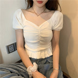 Joskaa Christmas Gift Kuzuwata Sexy Square Collar Clavicle Exposed Short Sleeve Blouse Women Draped Design Ruffles Solid Blusas Summer Shirt Feminino