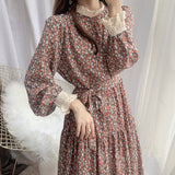 Joskaa Dresses for Women Floral Print Lace Neck Fashion Dress Long Sleeve Spring Autumn Sweet Midi Dresses for Women Party